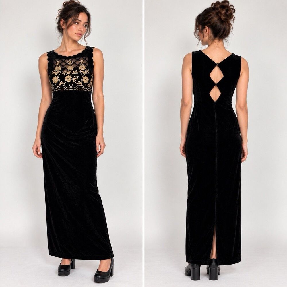 ⁠VTG 90s Scott McClintock Black Velvet Maxi Dress 14 Petites Prom Whimsigoth Y2K